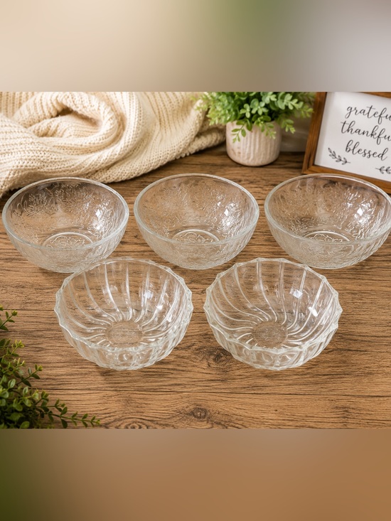 Other - Vintage Clear Glass Dessert Bowls Set of 5 Floral Embossed & Swirl Serving Bowls